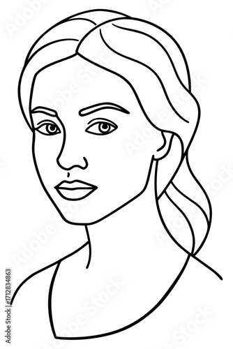Outline drawing of a woman with long hair and confident expression  
