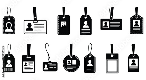 Collection of black identification badges with varying portrait designs silhouette