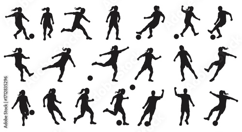 Silhouettes of soccer players in various action poses with balls