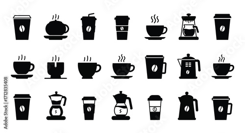 Collection of various black silhouette coffee cups and brewing equipment icons