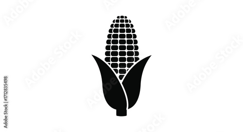 Simple black and white illustration of a corn cob with husk leaves