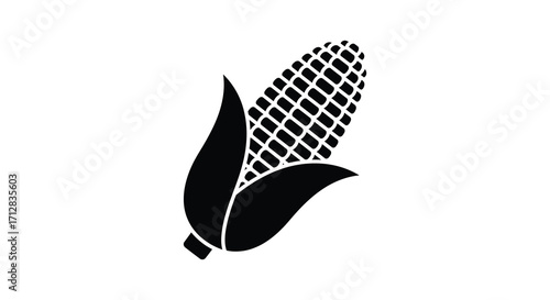 Simple black and white illustration of a single ear of corn with husk