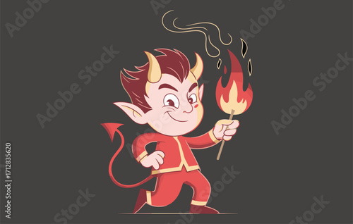 Cute cartoon devil character with horns, pointy ears, tail, and flame torch, mischievous red demon illustration for Halloween, fantasy, folklore, costume design