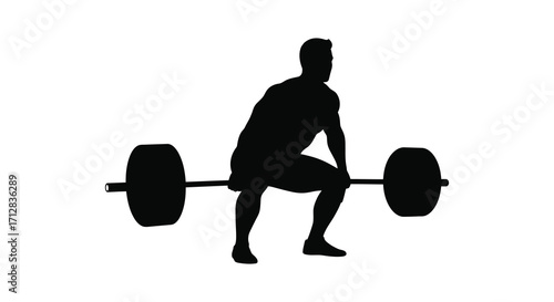 Silhouette of a weightlifter in the midst of a barbell squat exercise