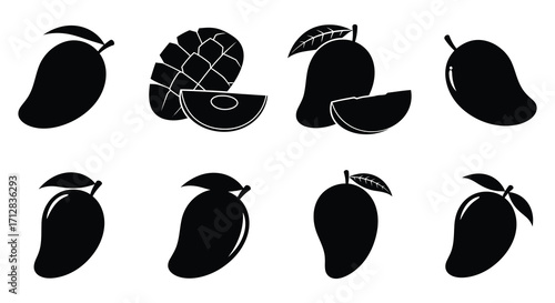 A collection of stylized black and white mango illustrations and fruit shapes