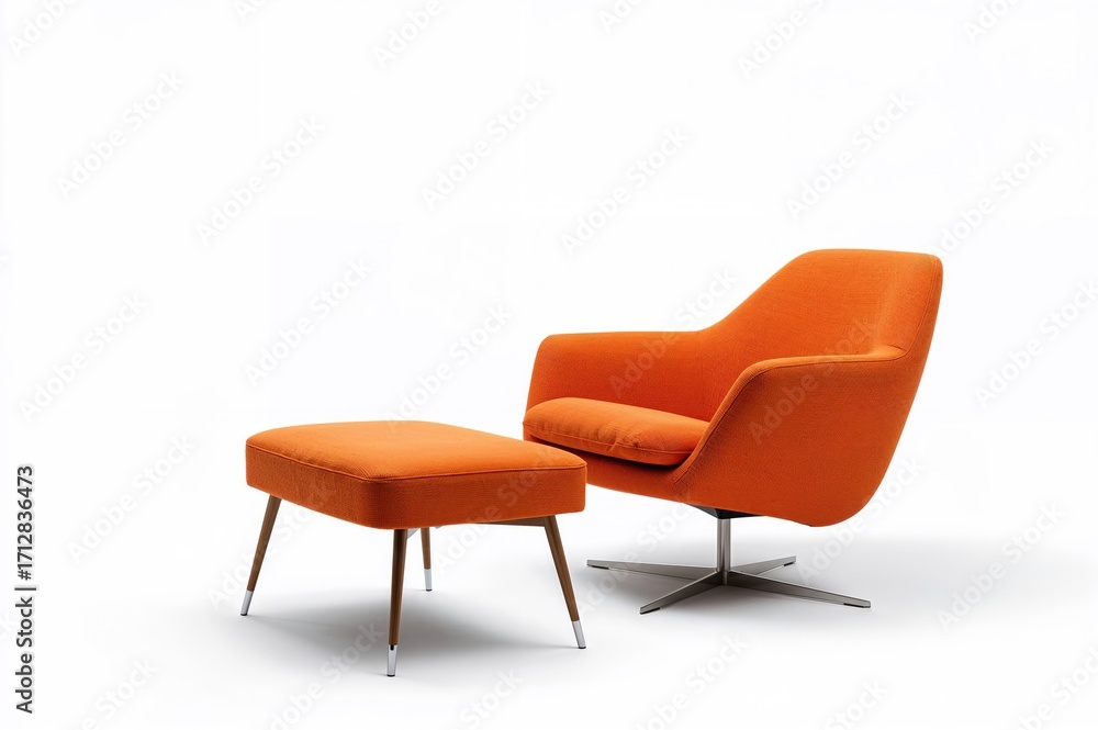 Obraz premium Bright orange armchair paired with a matching footrest. Modern textile-upholstered seating showcased on a clean white background.