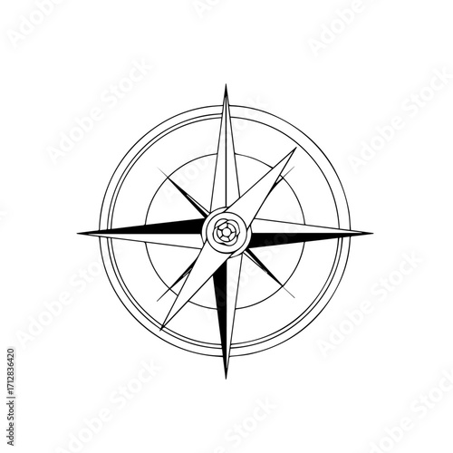 Minimalist black and white line art of a nautical compass rose a classic windrose star for navigation and direction.