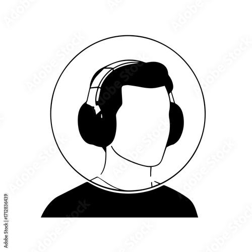Minimalist black and white line art of a faceless person wearing overear headphones framed by a circle.