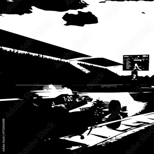 Black and White Race Car on Track with Driver and Signage.