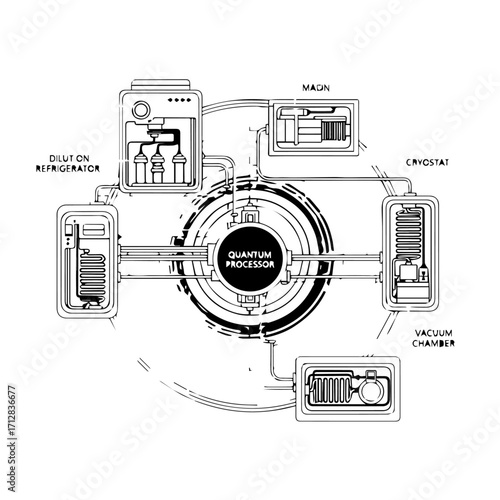 Minimalist black and white technical diagram of a quantum computer system showing its core components and connections.