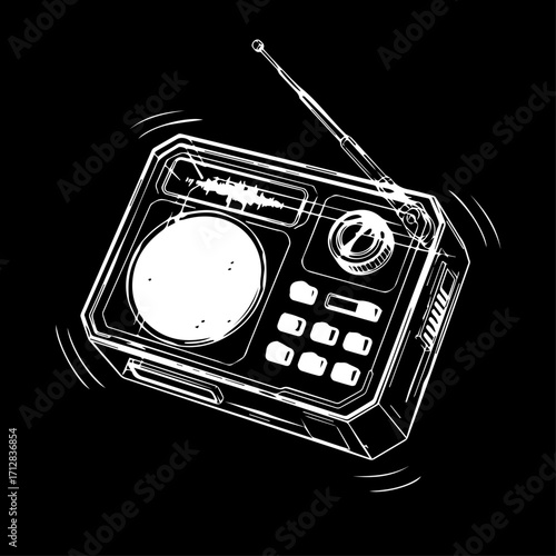 Detailed White Line Art Illustration of a Vintage Portable Radio Receiver.