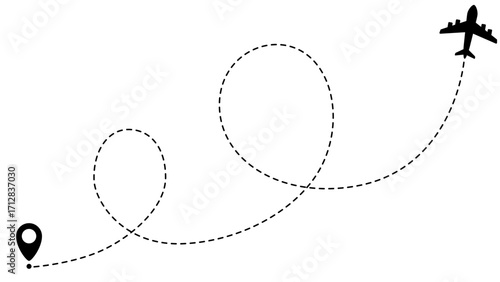 Airplane line path routes. Travel vector icon. Travel from start point and dotted line tracing. Plane routes flight air dotted isolated illustration.