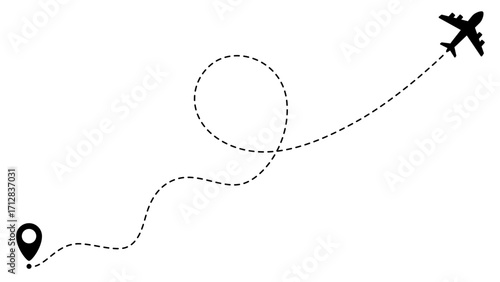 Airplane line path routes. Travel vector icon. Travel from start point and dotted line tracing. Plane routes flight air dotted isolated illustration.