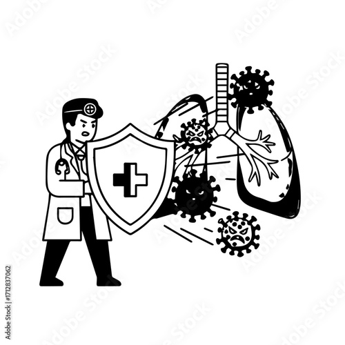 Determined Doctor Protecting Lungs from Viral Infection with Shield Illustration.