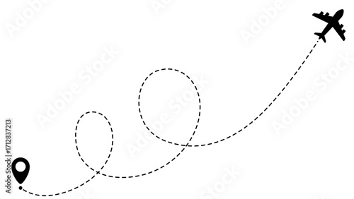 Airplane line path routes. Travel vector icon. Travel from start point and dotted line tracing. Plane routes flight air dotted isolated illustration.