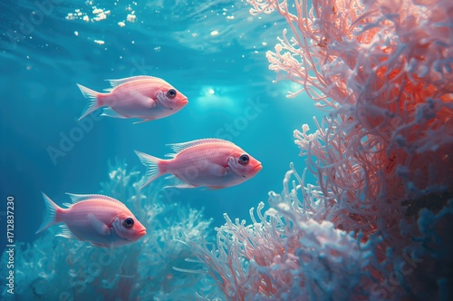 Blue backdrop with pink shelly fish, abstract pattern and texture design inspired by nature and the sea in summer