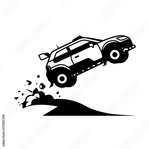 Black and White Silhouette of a Rally Car Jumping Over Terrain.