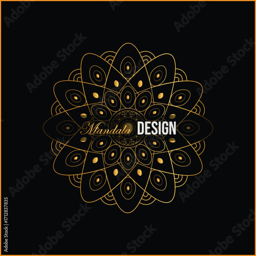 Illustration of intricate golden mandala design on a black background, showcasing detailed floral patterns and a central banner with the text mandala design, radiating opulence and artistic flair