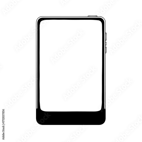 Modern black digital audio player with a blank white screen and chrome bezel front view.