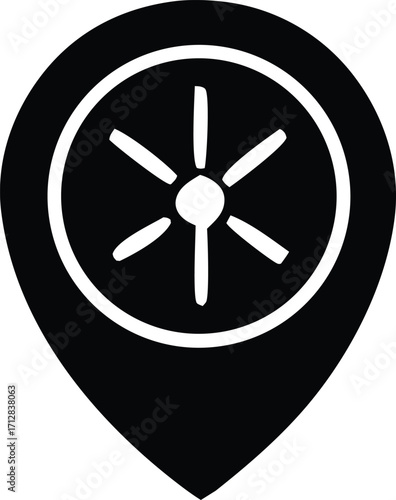 Abstract pin icon with circular spokes and central dot representing location or navigation concepts clearly
