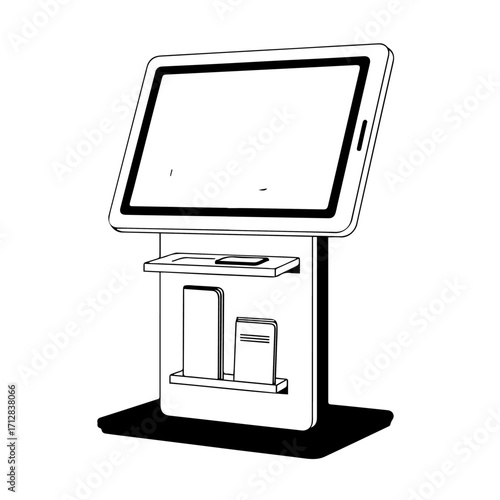 Modern Interactive Kiosk with Touchscreen Display Shelf and Information Holders.