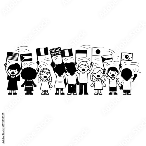 Diverse Group of Children Holding Flags Celebrating Unity and Diversity.