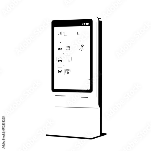 Modern White Kiosk with Black Screen Displaying Interface Icons.