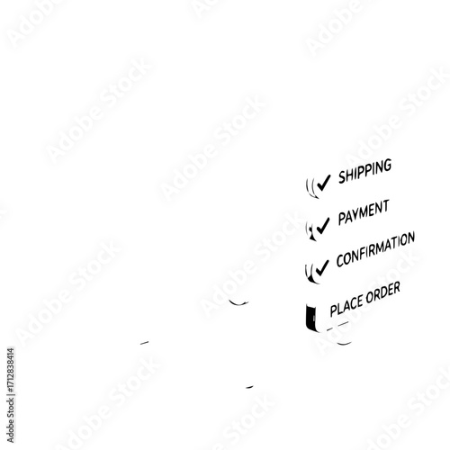 Monochrome 3D graphic of an ecommerce checkout process with checkmarks for completed steps.