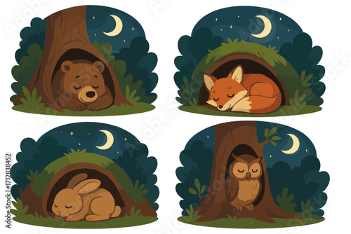 Cute cartoon forest animals sleeping in cozy homes at night. Vector set with bear, fox, rabbit, owl. Peaceful wildlife illustration for kids. Hibernation concept in den.