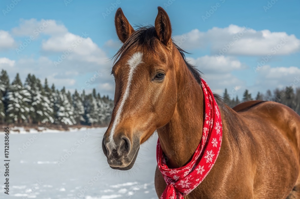 Naklejka premium Winter portrait of a horse wearing a red hat and scarf for Christmas