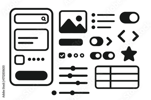 UI UX kit for mobile app and web design. User interface elements for creating a wireframe or mockup. GUI icon set with button, slider, toggle switch and navigation. Vector.