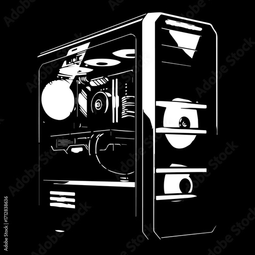 Monochrome highcontrast vector illustration of a modern gaming PC tower with visible internal hardware.