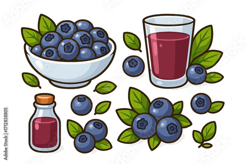 Blueberry vector set cartoon illustration. Collection of fresh berries in a bowl, juice in a glass, and syrup in a bottle. Healthy organic food and drink icons isolated.