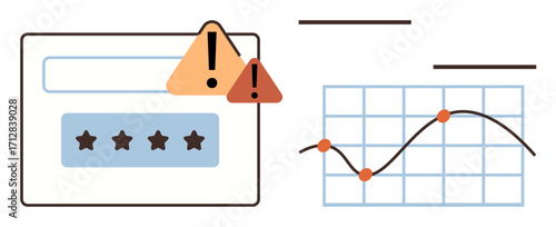 Login form with warning alert icon, star rating, and line graph with data points. Ideal for cybersecurity, user interface design, data analysis, error, protection, technology simple flat metaphor