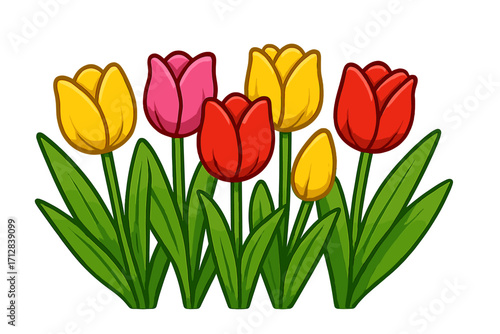 Cartoon tulips blooming in spring. Vector illustration of a vibrant flower bed with red, yellow, and pink flowers. Isolated floral set for nature and garden design.