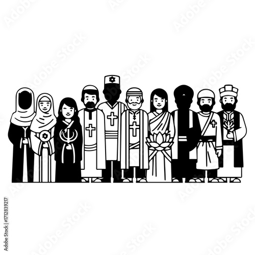Diverse Group of Religious Figures in Black and White Outlines Standing Together.