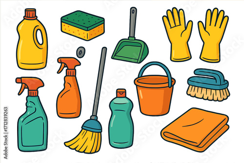 Cleaning tools and supplies icon set for a spotless home. Vector cartoon illustration of housekeeping equipment. Domestic chores concept with broom, spray bottle, bucket, gloves.