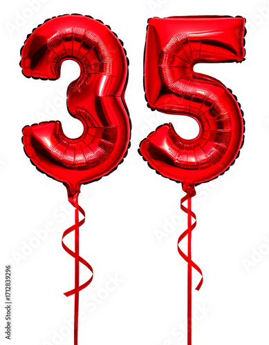 数字の35の形の赤色の風船とリボン（Number 35 red foil balloon on white background）
