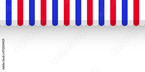 Shop sunshade. Realistic striped cafe awning. Outdoor market tent. Roof canopy in French flag colors. Summer street store. Vector illustration.