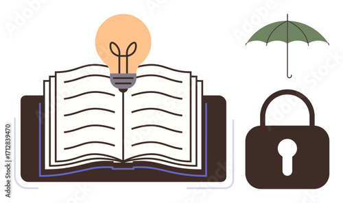 Open book with a glowing lightbulb above symbolizing ideas, a green umbrella for protection, and a padlock for security. Ideal for education, creativity, innovation, knowledge sharing, protection