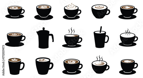 Variety of coffee drinks and brewing methods displayed in black and white