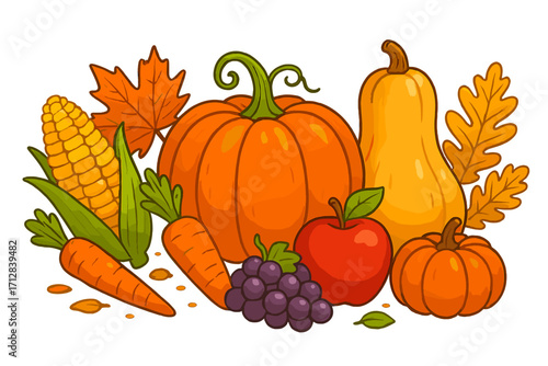 Autumn harvest festival illustration with colorful cartoon vegetables and fruits. Thanksgiving pumpkin, corn, apple, and grapes. Healthy seasonal food concept on a white background.