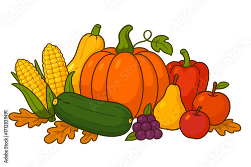 Autumn harvest illustration with colorful fruits and vegetables. Fall bounty concept with cartoon pumpkin, corn, apple, and pear. Vector graphic for Thanksgiving season.