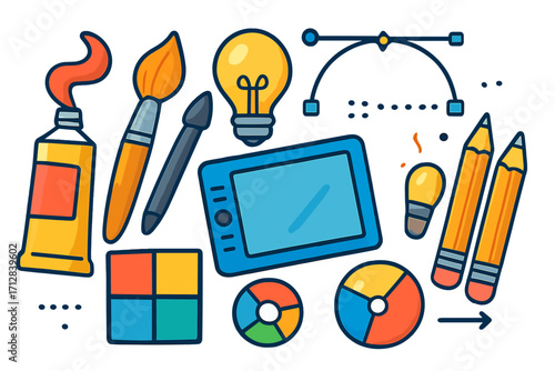 Graphic design tools and digital art elements. Vector illustration of creative process with tablet, pen, pencil, paint brush, and lightbulb idea icon for inspiration. Drawing set.