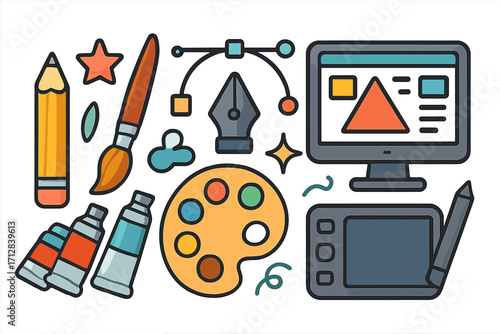 Creative process concept with traditional art and digital design tools. Vector illustration of pencil, brush, paint, computer, and graphics tablet. Art and design icons.