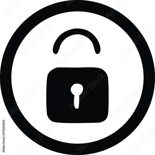 Simple open padlock icon within a circle representing security access unlocked and freedom of information