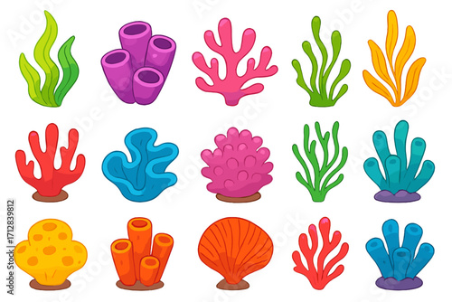 Colorful coral reef seaweed set. Cartoon underwater ocean plants collection. Vector aquatic marine life illustration for kids decor. Sea algae and polyps elements isolated.