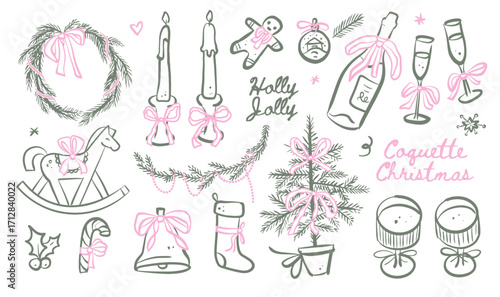 Hand drawn sketch Christmas elements set. Retro vintage new year party. Whimsical decor with pink bows in crayon style for menus and invitations. Contour coquette vector illustration.