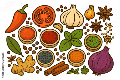 Colorful spices and herbs set. Culinary ingredients cartoon vector. Chili, garlic, ginger, onion, tomato, cinnamon, basil, star anise, pepper. Healthy organic food for cooking.