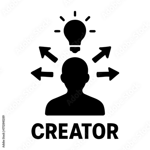 Illustration of a person with lightbulb above head and arrows pointing outwards concept